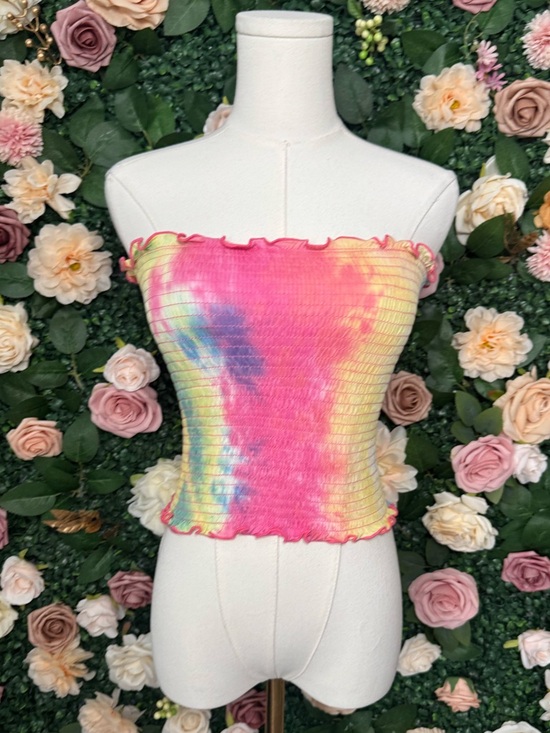 Hearts And Hips Tops - Tie-Dye Smocked Tube Top - Pink Blue Multicolor